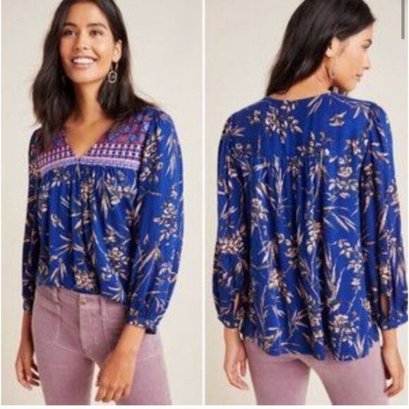 Anthropologie XS Blue Indigo Embroidered Floral Print Relaxed Blouse - Picture 1 of 7